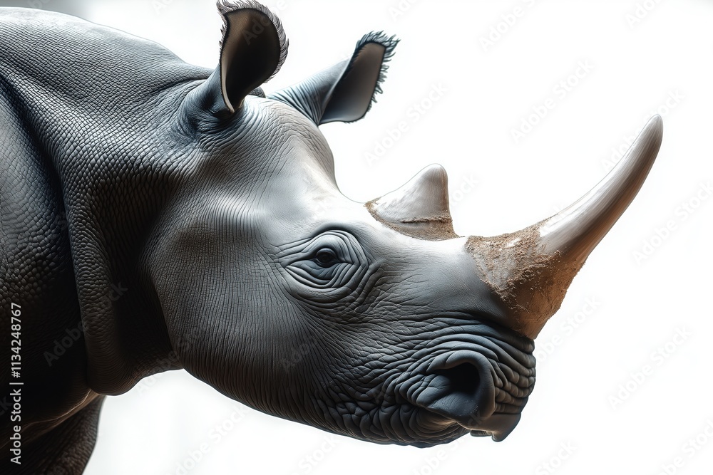 Fototapeta premium Studio photo of a rhino isolated against a white background. Wildlife and conservation concept, space for copy.