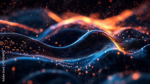 Abstract digital waves with glowing particles in blue and orange tones creating a mesmerizing visual effect