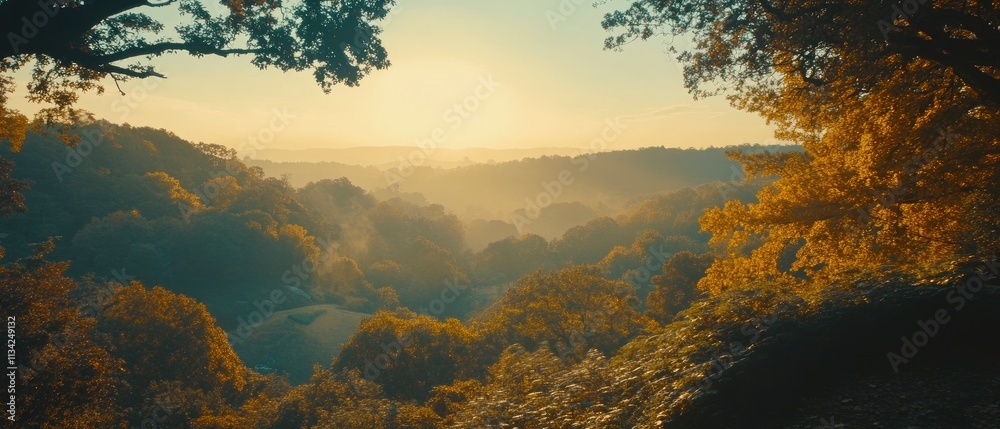 Fototapeta premium Serene landscape at sunset, showcasing rolling hills and autumn foliage.