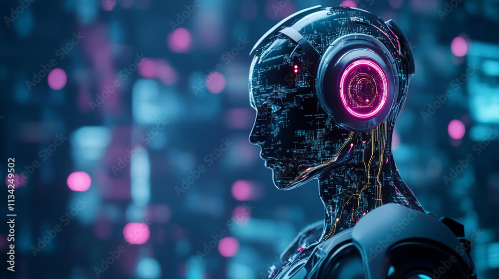Fototapeta premium Futuristic Robot with Neon Headphones and Digital Background Displaying Advanced Technology and Artificial Intelligence