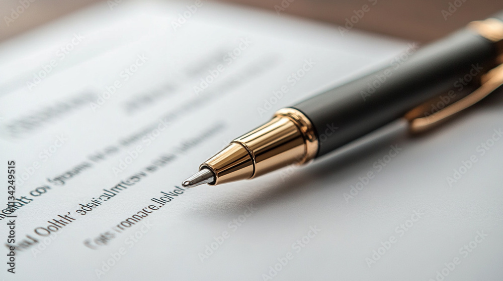Elegant Black Pen Resting on a Document with Text, Office Interior, Close-Up Shot, Work Concept Elegant Black Pen Resting on a Document with Text, Office Interior, Close-Up Shot, Work Concept