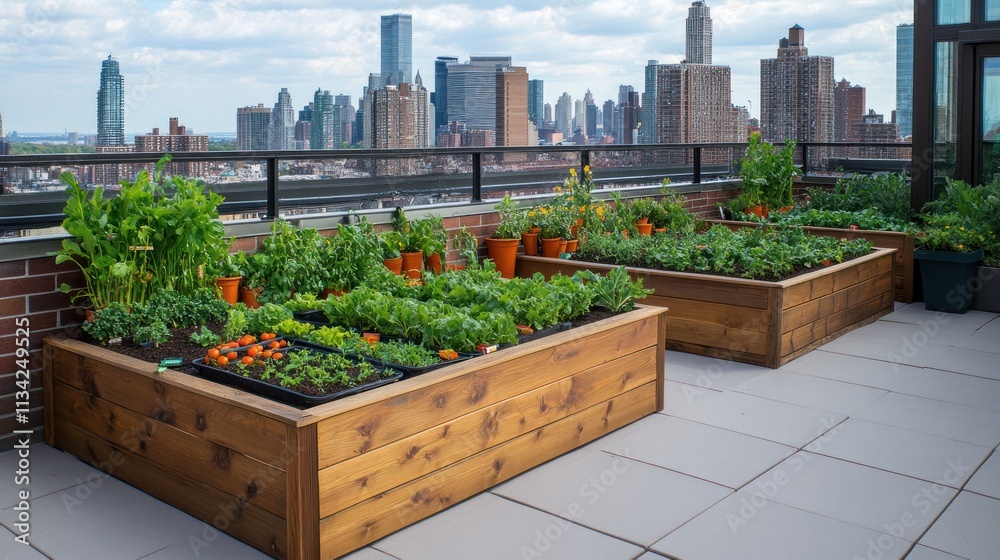 Fototapeta premium Urban rooftop garden with raised wooden beds filled with fresh vegetables, overlooking a cityscape.