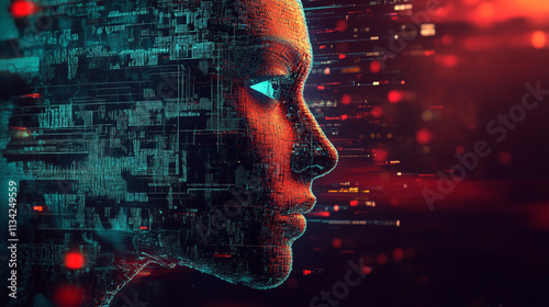 Futuristic Portrait of a Woman Blending Human Features with Digital Technology and Data Patterns
