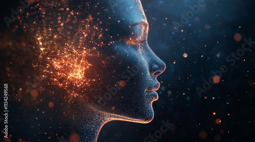 Ethereal Profile of a Woman with Cosmic Sparks and Glowing Particles in a Dreamlike Background