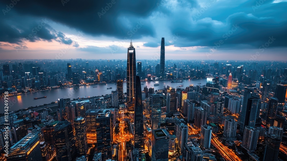 Obraz premium Stunning Aerial View of Modern City Skyline at Dusk with Dramatic Clouds and Illuminated Skyscrapers