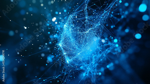 Abstract blue network connections in digital space with glowing particles and light effects in a cosmic backdrop