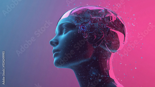 Futuristic digital representation of an intelligent robot head with intricate circuitry and colorful visual effects