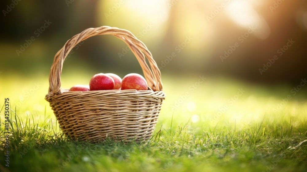 Wicker basket filled with red apples on grass in sunlight. Wicker basket filled with red apples on grass in sunlight.