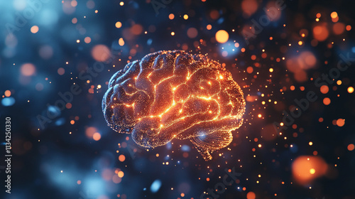 Glowing Brain Illustration with Colorful Bokeh Effects on a Dark Background for Science and Technology Concepts