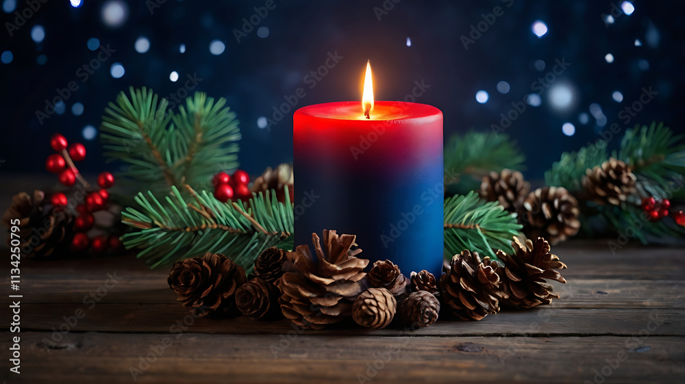 Christmas background - Red Advent candle with natural Xmas decoration, branches and pine cones on rustic wood in dark blue night with magic lights
Christmas background - Red Advent candle with natural Xmas decoration, branches and pine cones on rustic wood in dark blue night with magic lights