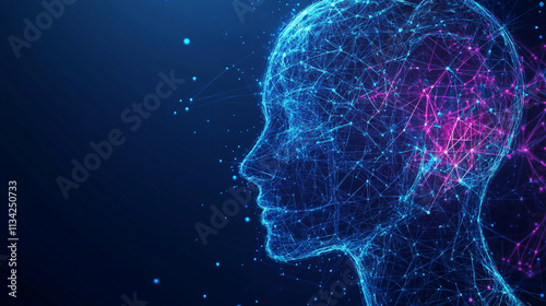 Abstract Profile of a Human Head Constructed from Digital Lines and Vivid Dots Against a Dark Background