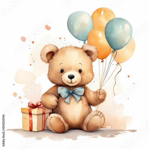 Teddy Bear Holding a Gift with Balloons for Birthday Decor and Kids' Rooms, generated ai