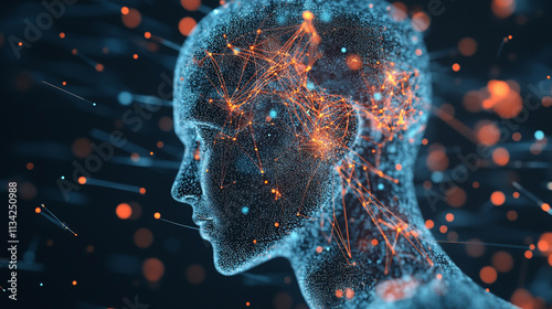 Abstract digital human head profile with neural connections and glowing particles on a dark background