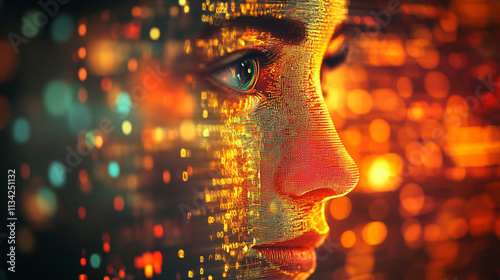 Futuristic Portrait of a Young Woman with Abstract Data Overlay and Glowing Lights in a Digital Landscape