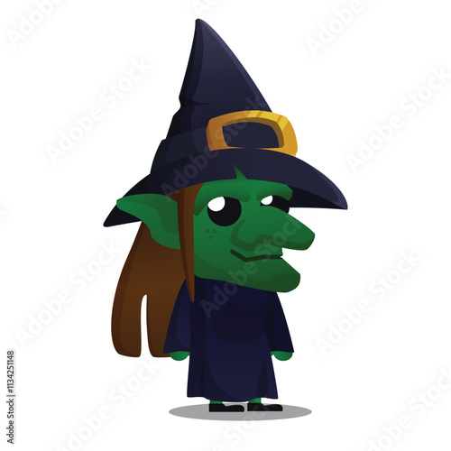 Witch Chibi character wearing Hat in cartoon style vector flat illustration perfect for Halloween design asset item