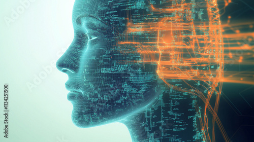 Futuristic Digital Profile of a Female Android with Data Streams and Binary Code Flowing Through Her Features