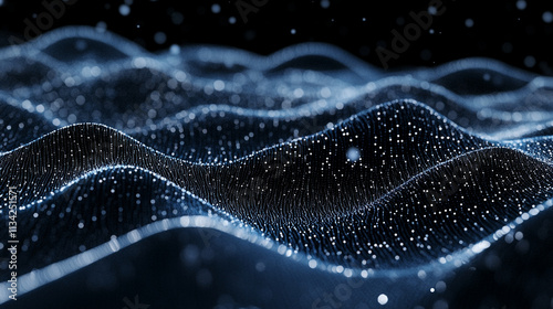 Abstract representation of flowing waves with glowing particles in a dark background for digital art applications