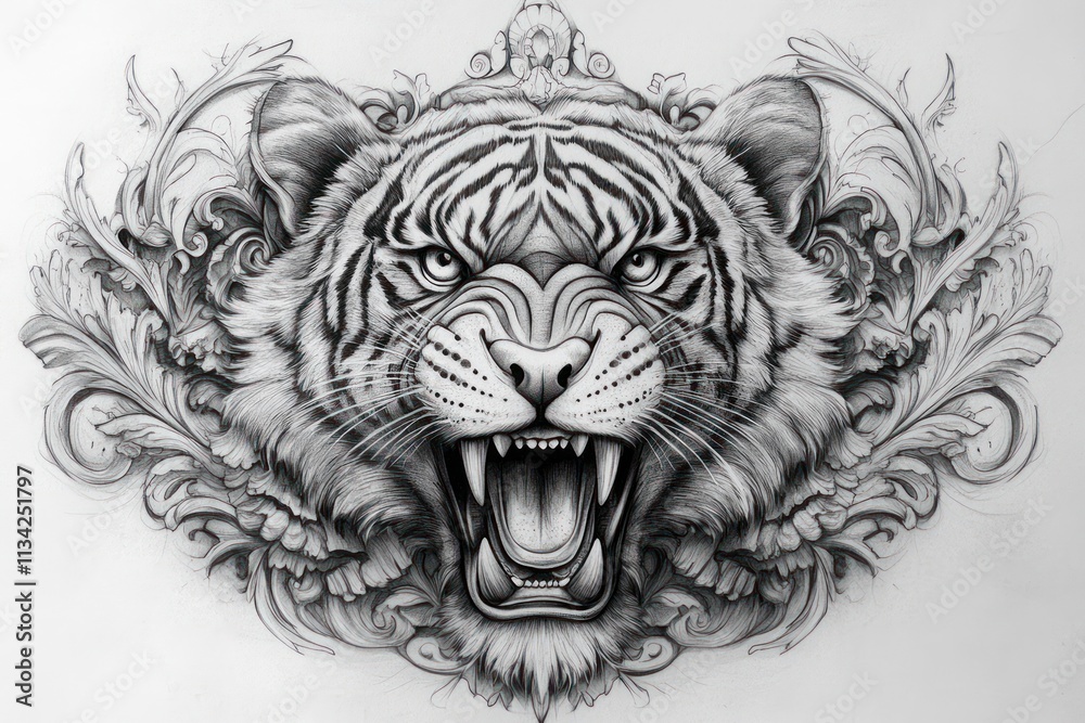 Roaring tiger head framed by ornate floral design, monochrome sketch. Roaring tiger head framed by ornate floral design, monochrome sketch.