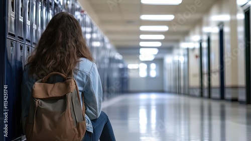 Teen girl sits alone by lockers in school hallway.