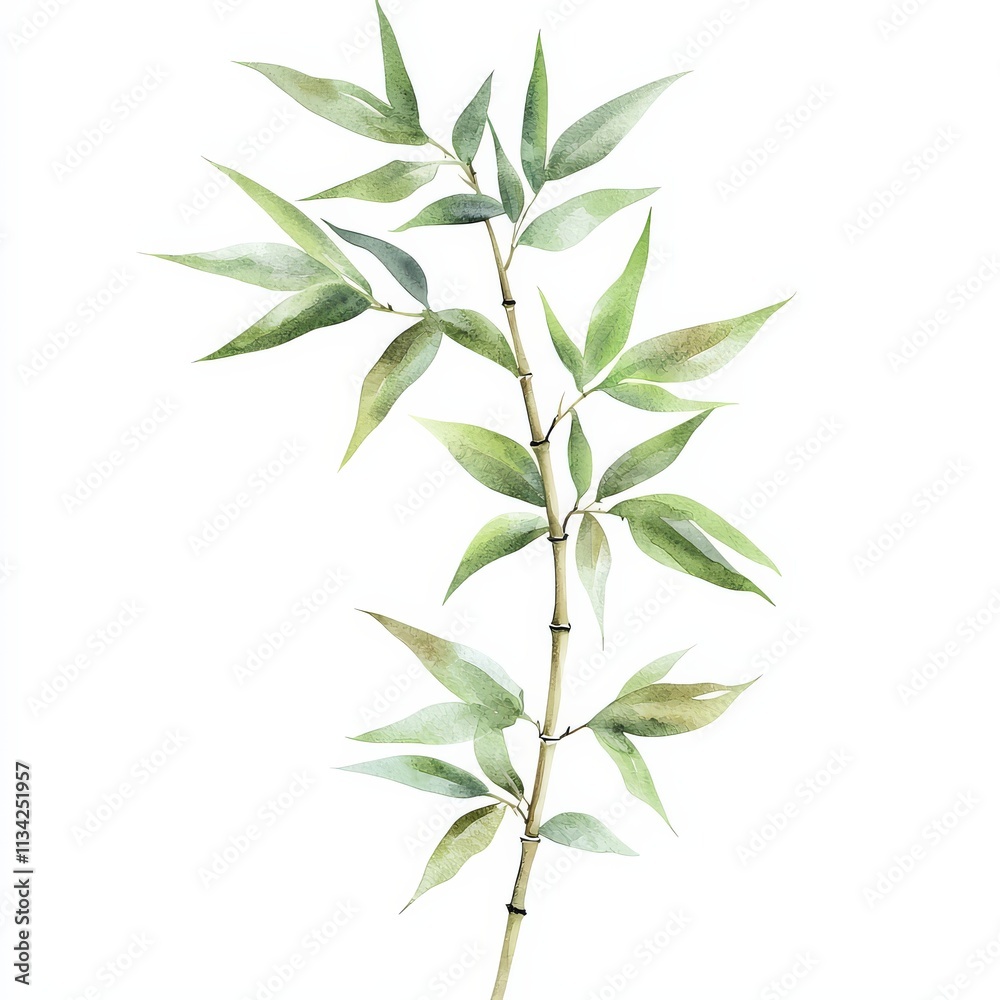 A delicate watercolor painting of a bamboo branch featuring vibrant green leaves against a white background. A delicate watercolor painting of a bamboo branch featuring vibrant green leaves against a white background.