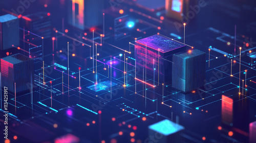 Abstract Technology Background with Digital Cubes and Neon Lights in an Artificial Intelligence Network