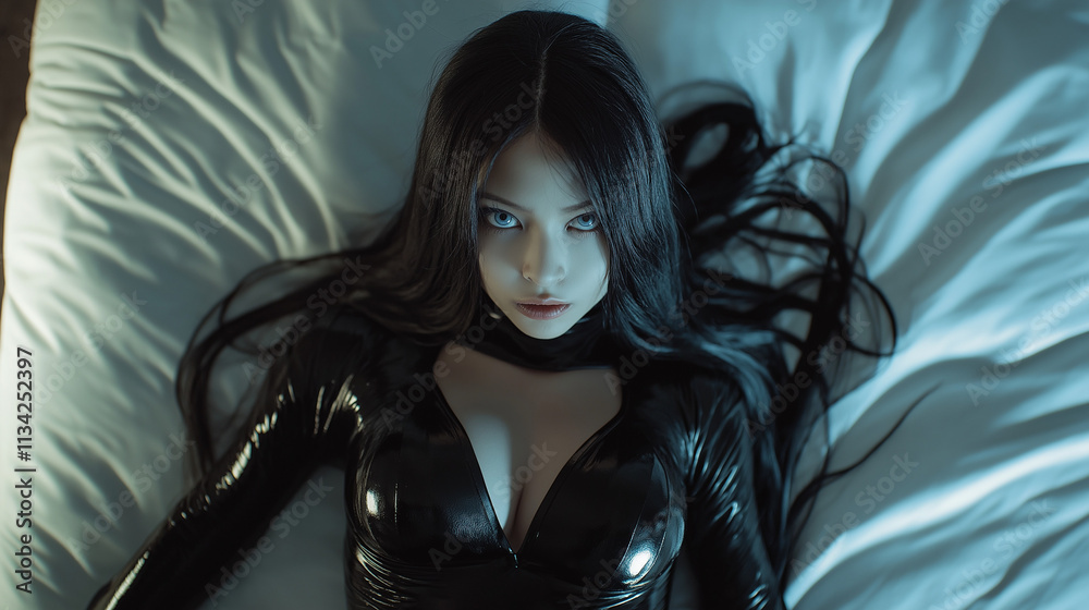 Woman in full-body latex in a submissive pose. Woman in full-body latex in a submissive pose.
