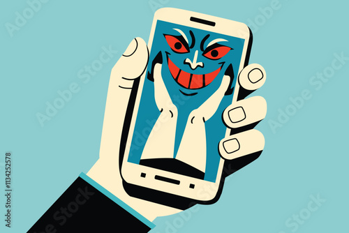 romance love scam concept,  hand holding phone, business fraud victim, fake person bait, hacker, online dating app. vector illustration