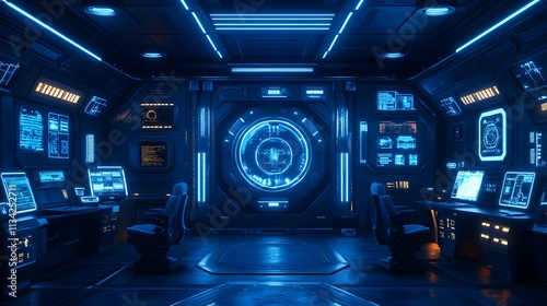 Fototapeta Naklejka Na Ścianę i Meble -  Futuristic spaceship bridge interior with glowing blue screens and controls.