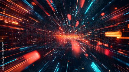 Abstract Digital Burst of Light with Colorful Lines Conveying Speed and Motion in a Futuristic Space Environment