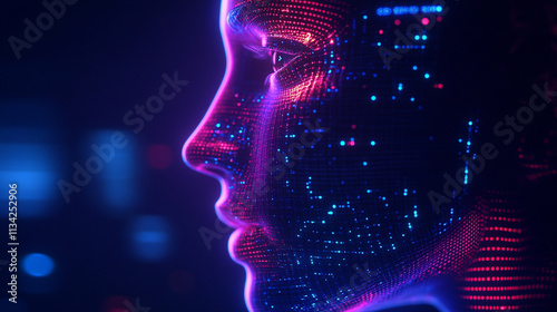 Vibrant Digital Portrait of a Futuristic Female Face Surrounded by Colorful Data Patterns and Neon Lights