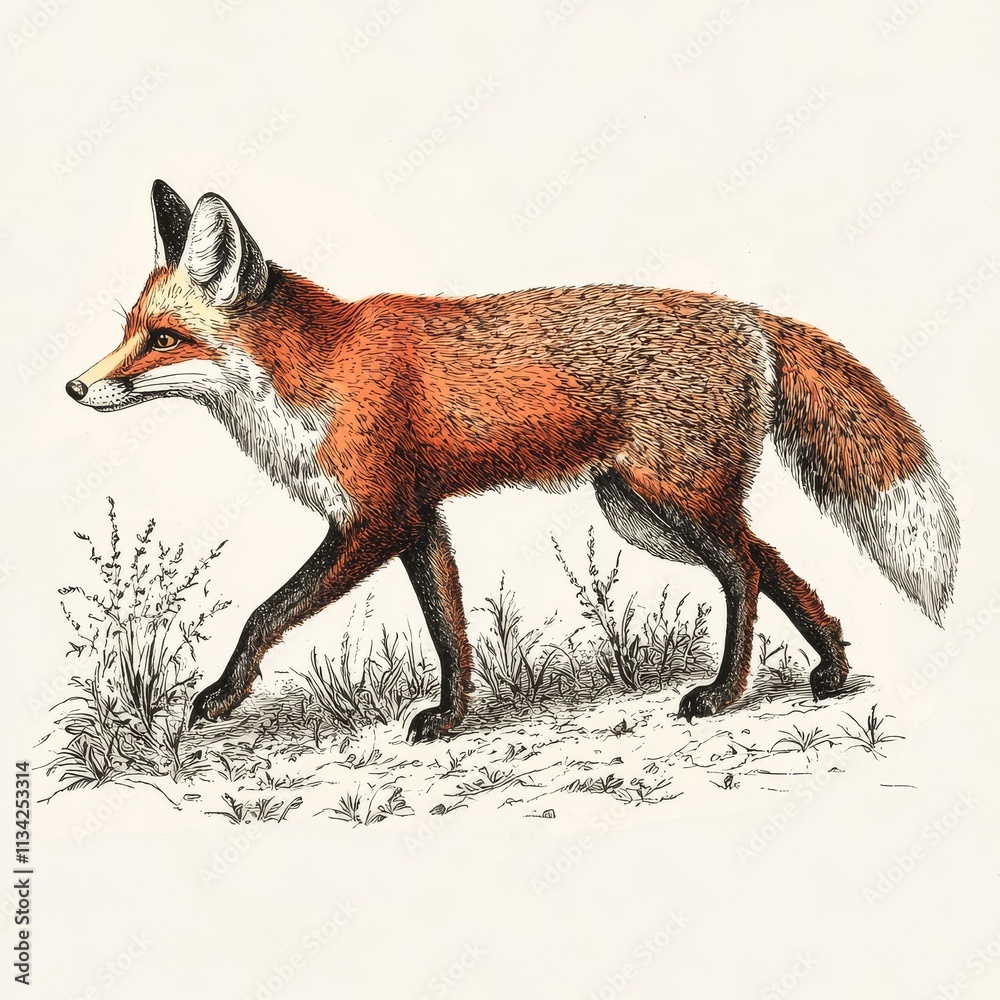 A detailed illustration of a walking fox, showcasing its vibrant fur and alert posture in a natural setting. A detailed illustration of a walking fox, showcasing its vibrant fur and alert posture in a natural setting.