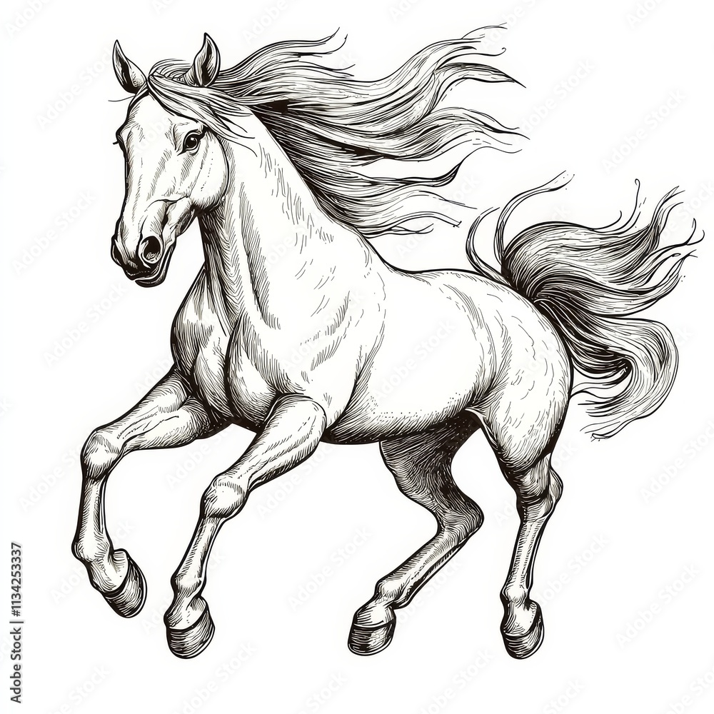 A dynamic illustration of a galloping horse with flowing mane, capturing the grace and strength of this majestic animal. A dynamic illustration of a galloping horse with flowing mane, capturing the grace and strength of this majestic animal.