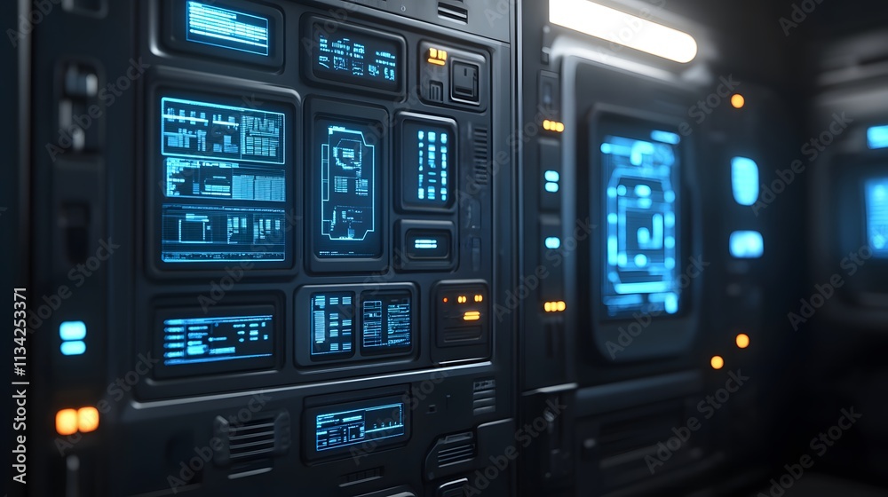 Futuristic spaceship control panel with glowing blue screens and buttons. Futuristic spaceship control panel with glowing blue screens and buttons.