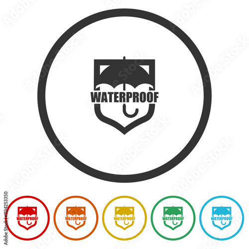 Waterproof shield icon. Set icons in color circle buttons