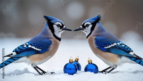 Two blue jays face on snow. Blue ornaments sit in front of birds. Winter scene. Birds colorful, detailed. Nature theme. Christmas theme. Holiday photo. Wildlife photo. Blue color theme. Perfect for photo