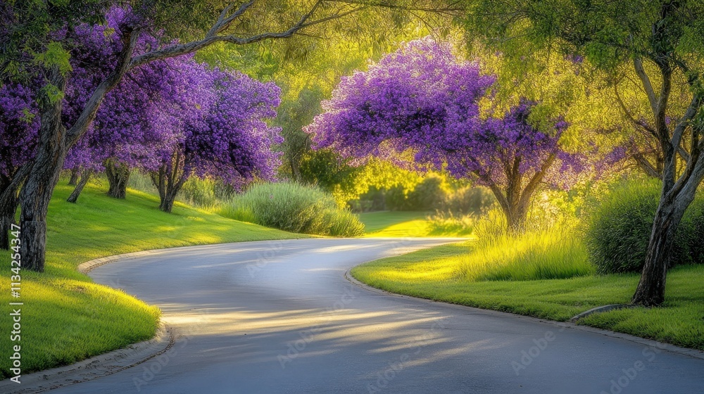 Naklejka premium Winding road through a park with vibrant purple flowering trees. Lush greenery, sunlight filtering through trees, creating a serene and picturesque scene.