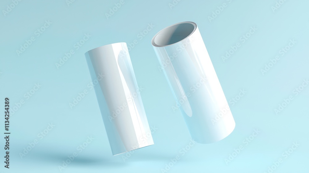 White glossy paper tube mockups in a floating position with soft shadows and a blue background. White glossy paper tube mockups in a floating position with soft shadows and a blue background.