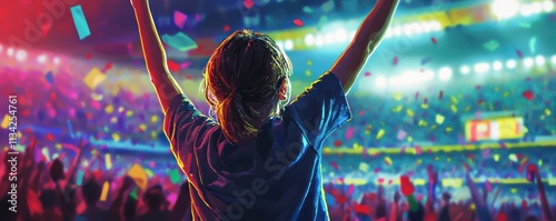 Vibrant depiction of a youthful fan cheering at a soccer game in a stadium. photo