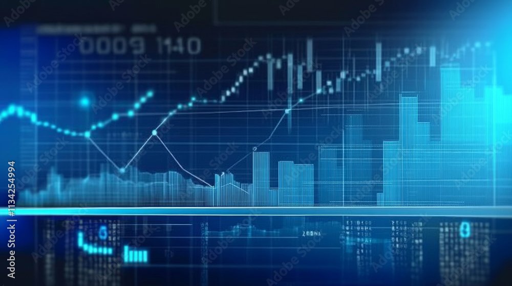 digital financial chart displaying stock market trends and data analysis, showcasing upward movement and various metrics. blue tones create modern, tech savvy atmosphere digital financial chart displaying stock market trends and data analysis, showcasing upward movement and various metrics. blue tones create modern, tech savvy atmosphere