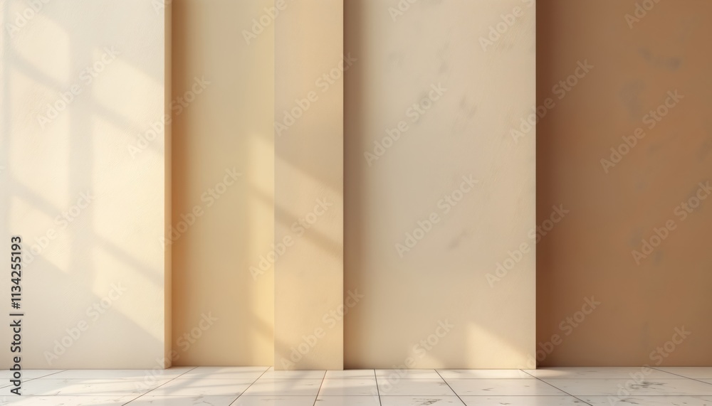 Fototapeta premium Empty room with neutral plaster walls in gradient earth tones. Sunlight casts shadows through window creating visual interest. Interior design concept, modern minimalist style, natural light. Simple,
