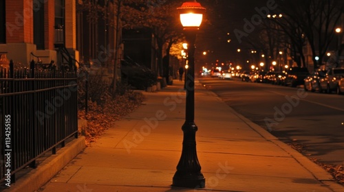 Urban street scene at night, illuminated by a vintage style lamp post, with cars passing by on the street.  Residential buildings line the street.  Fallen leaves on the sidewalk. photo