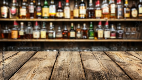 Wooden Bar Counter with Unfocused Bottles on Shelf Background