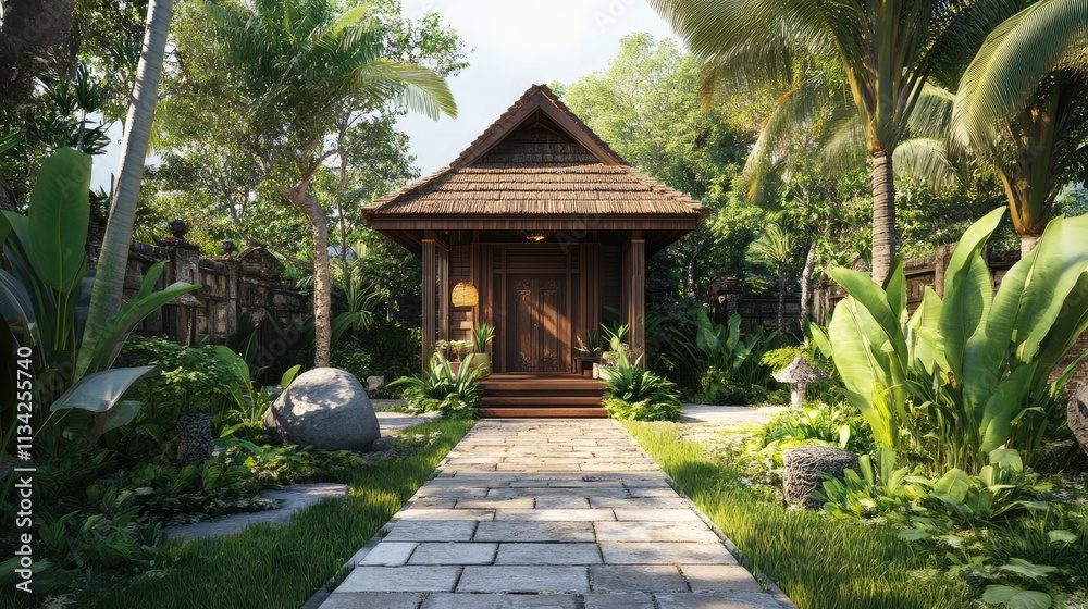 Tropical garden with wooden house in Bali, Indonesia.