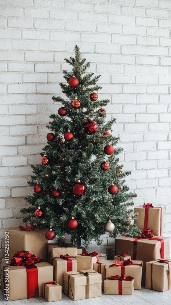Festive Christmas Tree with Red Ornaments and Wrapped Gifts in Cozy Living Room Festive Christmas Tree with Red Ornaments and Wrapped Gifts in Cozy Living Room