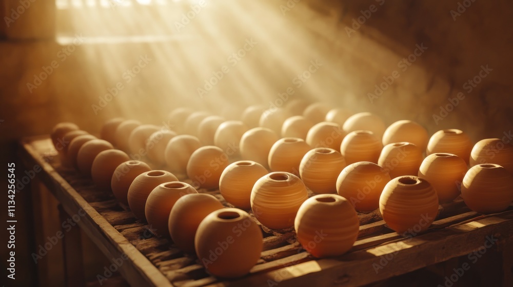 Sunbeams illuminating terracotta pottery drying on a wooden rack. Sunbeams illuminating terracotta pottery drying on a wooden rack.