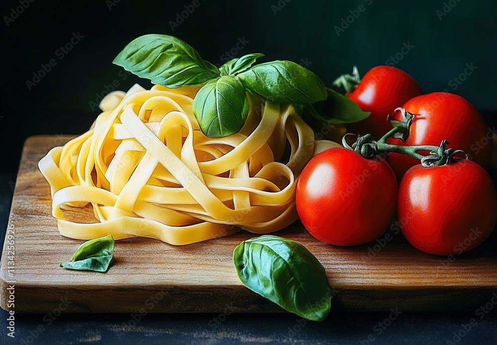 Fettuccine pasta with tomatoes and basil on a wooden board, against a dark background. Fettuccine pasta with tomatoes and basil on a wooden board, against a dark background.