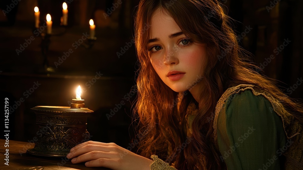 Young woman with long hair gazing softly by candlelight in dim room Young woman with long hair gazing softly by candlelight in dim room