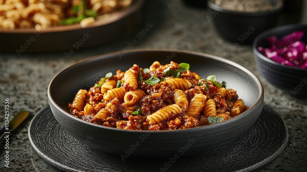 Fototapeta premium Delicious Rotini Bolognese in Rustic Black Bowl Garnished with Basil Leaves