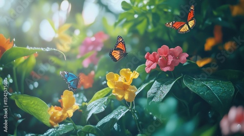 Colorful butterflies flitting among vibrant flowers in a lush garden. photo