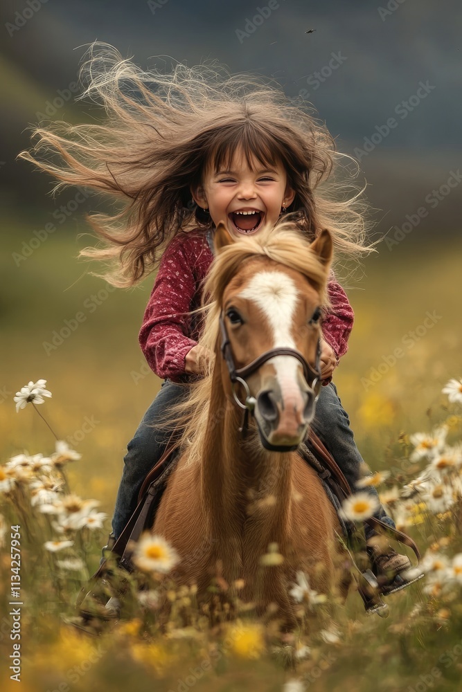 Fototapeta premium Joyful Young Girl Riding Pony in Scenic Flower Field with Windblown Hair and Delighted Expression